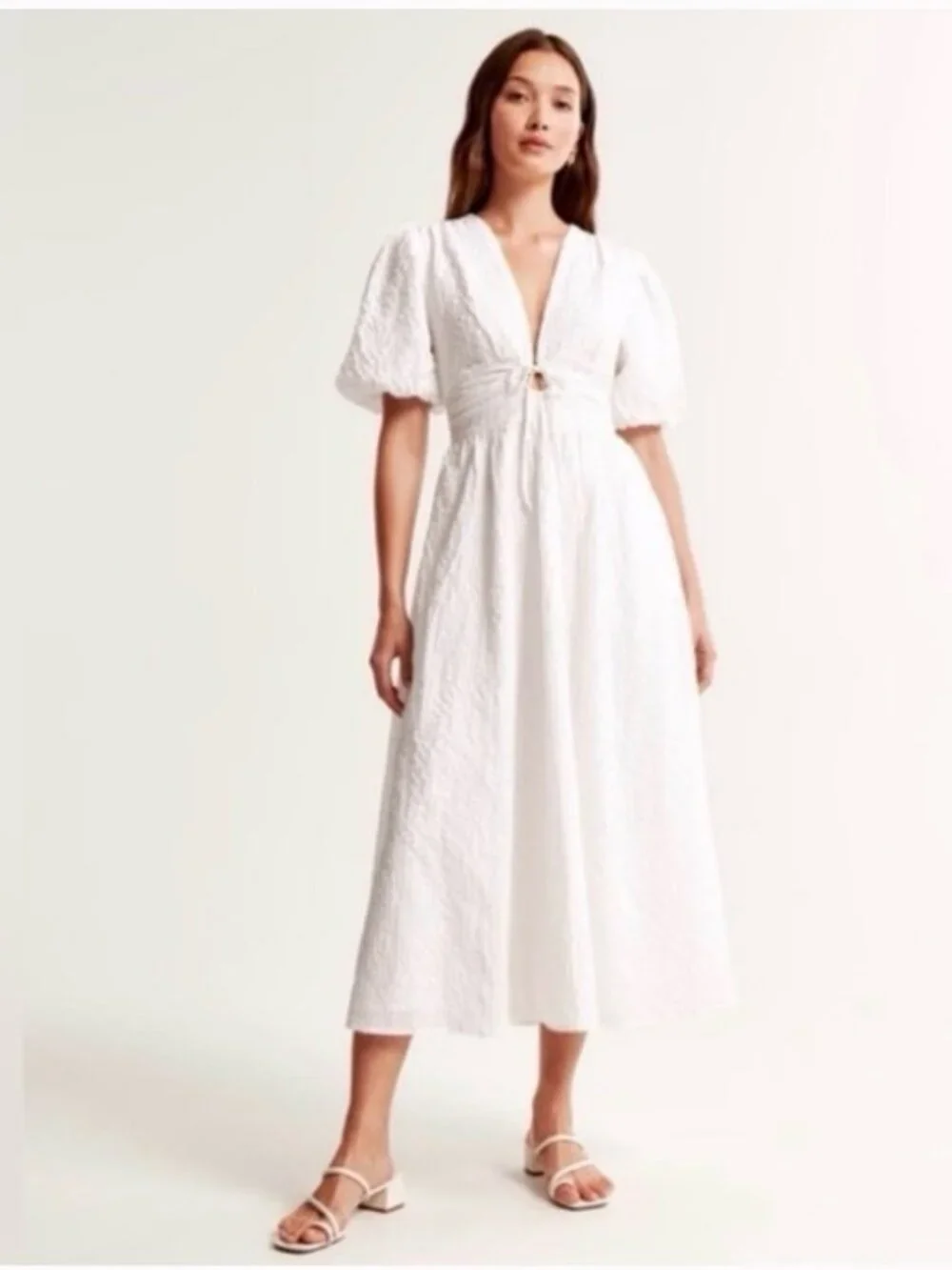 Abercrombie & Fitch Front Tie Textured Puff-Sleeve Maxi Dress